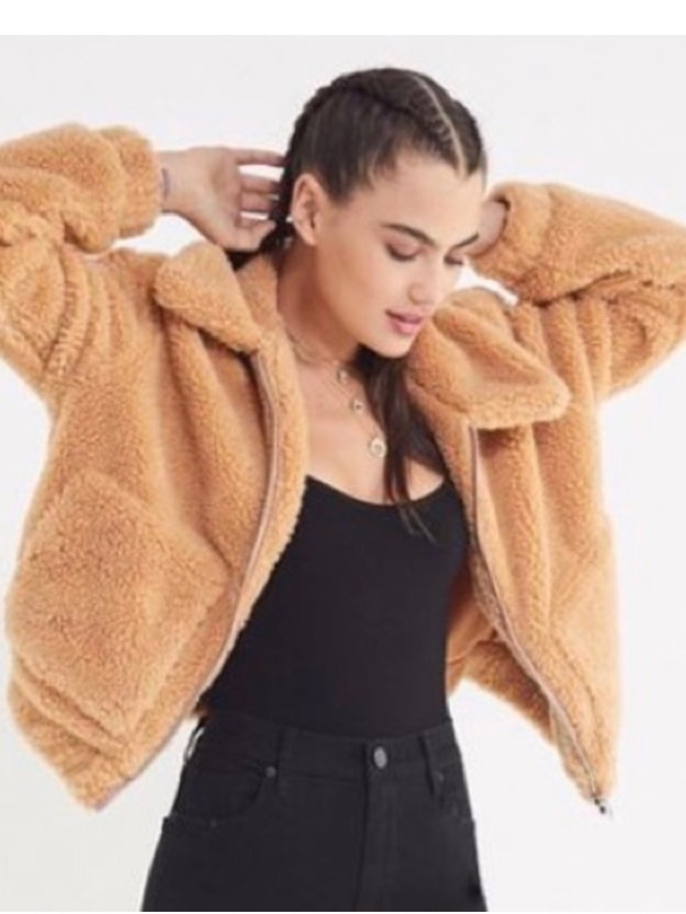 Urban Outfitters Teddy Jacket Full Zip Up Cropped Beige Coat Fuzzy M UO